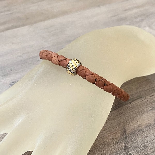 Gold and Silver Dotted Bead Beige Brown Braided Cork Cord Cuff Bracelet