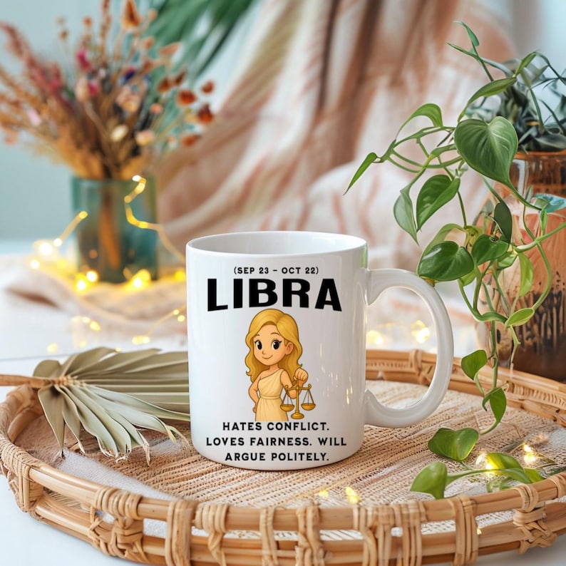 Libra Zodiac Sign Ceramic Mug, Personalized Birthday Gift for Her