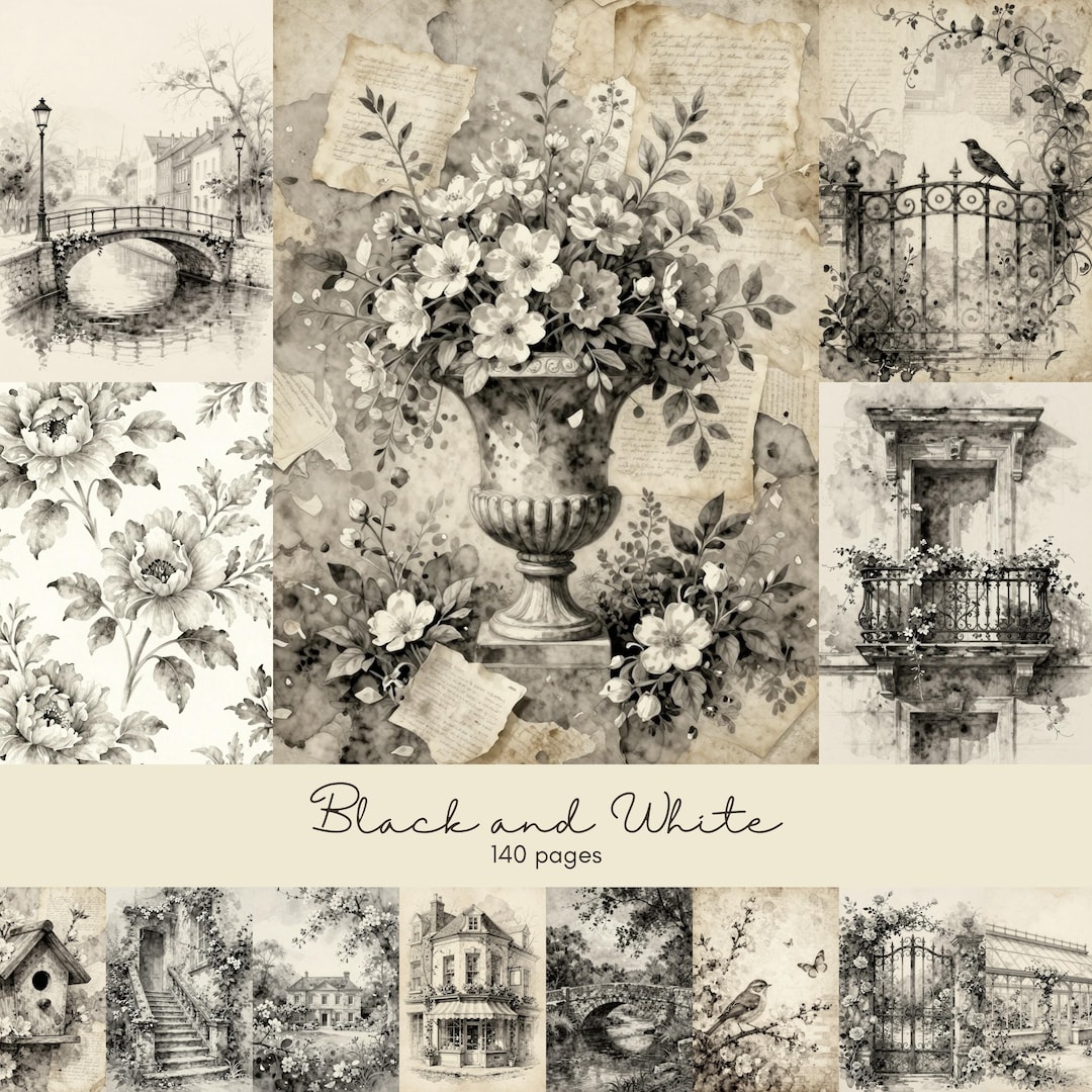 Black and White Junk Journal Pages, Vintage Botanical Printable Paper ...