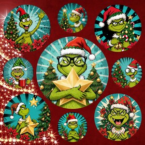 May include: A collection of circular Christmas-themed designs featuring a green cartoon character wearing a Santa hat and glasses. The character is holding a star, Christmas tree, or candy cane. The designs are set against a teal and red background with poinsettias.