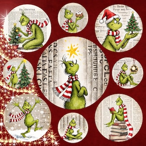 Puede incluir: Un collage de imágenes circulares con un personaje de dibujos animados verde con una bufanda a rayas rojas y blancas, que recuerda al Grinch. Las imágenes muestran al personaje en varias escenas navideñas, como decorando un árbol y sosteniendo adornos.