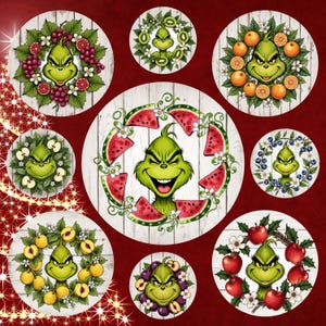 May include: A collection of circular designs featuring the Grinch's face surrounded by various fruits and floral arrangements. The designs include watermelons, oranges, apples, grapes, kiwis, peaches, and blueberries, set against a white wood grain background.