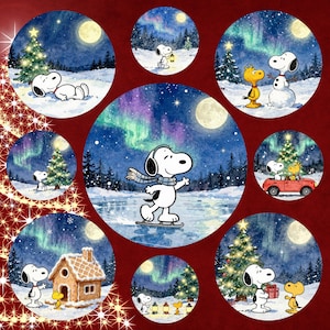 May include: A collection of circular illustrations featuring Snoopy and Woodstock in winter scenes. Snoopy is ice skating, relaxing by a Christmas tree, and in other holiday settings. The background includes a night sky, aurora borealis, and a full moon.