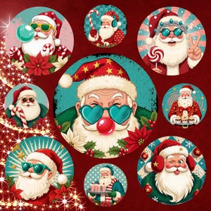 May include: A collection of circular Christmas-themed illustrations featuring Santa Claus in various poses. Santa is depicted with sunglasses, candy canes, and other festive accessories. The illustrations are set against a red background with a Christmas tree design.