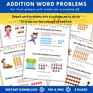 Puede incluir: Un conjunto de cinco hojas de trabajo imprimibles para alumnos de primer grado que presentan problemas de palabras de suma relacionados con una fiesta de cumpleaños. Cada hoja de trabajo tiene una ilustración colorida y un problema de palabras con un espacio en blanco para la respuesta.