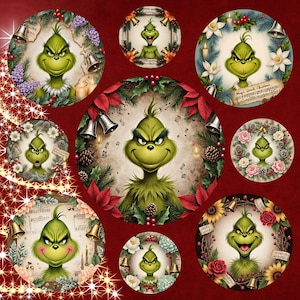 May include: A collection of circular Christmas-themed designs featuring the Grinch. Each design showcases the Grinch's face surrounded by festive elements like bells, flowers, pinecones, and musical notes, set against a red background.