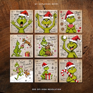 Puede incluir: Nueve impresiones cuadradas con el Grinch en varias escenas navideñas. El Grinch lleva un gorro de Papá Noel, sostiene un bastón de caramelo y está rodeado de elementos festivos. Las impresiones están sobre un fondo de estilo periódico.