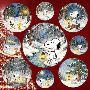 May include: A collection of circular Christmas-themed illustrations featuring Snoopy in a snowy forest setting. Snoopy is depicted with a lantern, walking, sitting, and interacting with other characters. The background includes trees, a stream, and string lights.
