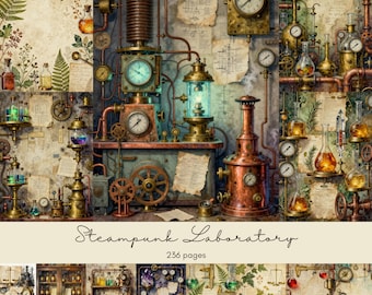 Steampunk Laboratory Junk Journal Pages, Printable Alchemy Scrapbook Paper, Vintage Potion Bottle, Botanical Science Digital Download Pack