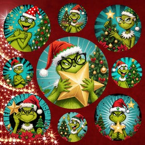 May include: A collection of circular Christmas-themed illustrations featuring a green character wearing a Santa hat and glasses. The character is holding a star or decorating a Christmas tree. The background is a teal color with a red border.