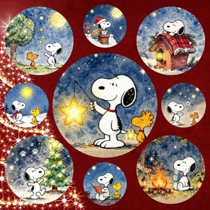 May include: A collage of circular images featuring Snoopy and Woodstock in various winter and Christmas scenes. Snoopy is depicted in different poses, including holding a star, reading a book, and near a Christmas tree. The background is a deep red.