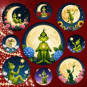 May include: A collection of circular illustrations featuring a green cartoon character in various poses. The character is set against backgrounds of moons, stars, flowers, and a night sky. The overall theme is whimsical and festive.