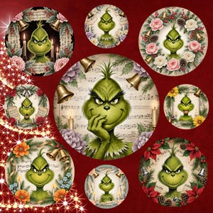 May include: A collection of circular Christmas-themed designs featuring the Grinch. Each design includes the Grinch's face, surrounded by elements like flowers, bells, candles, and musical notes, set against a red background.