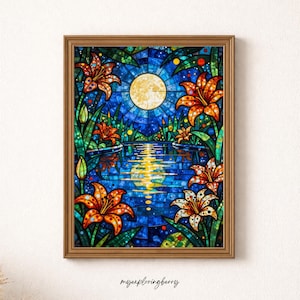 May include: A framed stained glass artwork depicting a moonlit lake scene. The artwork features orange and white lilies, green foliage, and a large yellow moon. The water reflects the moon's light. The frame is a warm brown color. The text "myexploringberry" is at the bottom.