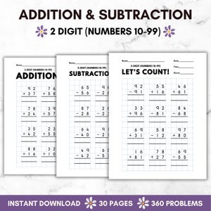 Puede incluir: Tres hojas de trabajo para practicar matemáticas, con problemas de suma y resta con números de dos dígitos. Las hojas de trabajo se titulan "Suma", "Resta" y "¡Contemos!" con un total de 360 problemas en 30 páginas.