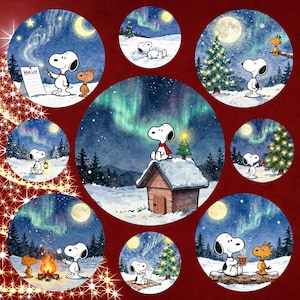 May include: A collection of circular illustrations featuring Snoopy in various winter and Christmas scenes. Snoopy is depicted with a red scarf, near a Christmas tree, and by a campfire. The background includes a snowy landscape, the moon, and the Northern Lights.