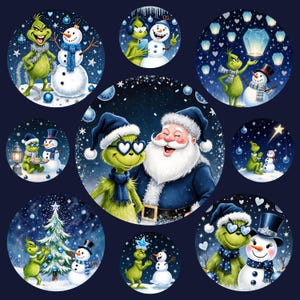 May include: A collection of circular Christmas-themed illustrations featuring the Grinch and snowmen. The Grinch is depicted in various scenes with snowmen, Santa Claus, and Christmas trees, all set against a dark blue starry background. The illustrations use a vibrant color palette.