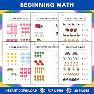 Op de afbeelding: Een set printbare werkbladen voor beginnende rekenvaardigheden. De werkbladen bevatten kleurrijke illustraties van dieren, voertuigen, voedsel en natuur. Elk werkblad bevat een telactiviteit en een match- of traceeractiviteit. De werkbladen zijn gelabeld met "Tel en cirkel", "Tel en match" en "Tel, match en traceer".
