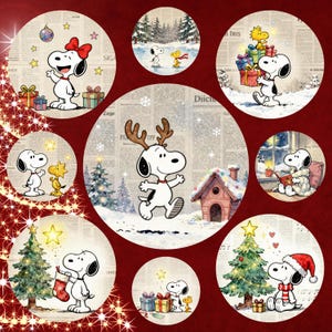 May include: A collection of circular Christmas-themed Snoopy and Woodstock designs. Snoopy is depicted in various festive scenes, including wearing a Santa hat, holding gifts, and decorating a Christmas tree. The background features newspaper print.