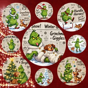 May include: A collection of circular Christmas ornaments featuring the Grinch and a dog in various winter scenes. The ornaments have text like "Snowflake Chase!" and "Jingle the Way". The Grinch is depicted in green with white fur.