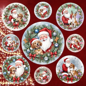 May include: A collection of circular Christmas-themed illustrations featuring Santa Claus with various dogs. Each design is surrounded by festive elements like holly, bows, and ornaments. The color palette includes red, green, and white, creating a cheerful holiday atmosphere.