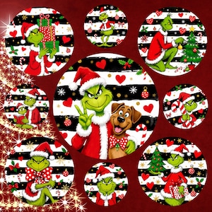 Puede incluir: Una colección de diseños circulares con temática navideña que presentan al Grinch en varias poses. El Grinch está representado con un traje de Papá Noel, sosteniendo regalos, decorando un árbol y con un perro. Los fondos tienen rayas blancas y negras, corazones y copos de nieve.