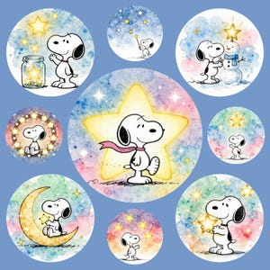 May include: A collection of Snoopy-themed watercolor illustrations on a blue background. Each circular design features Snoopy with stars, a snowman, a jar of stars, and a crescent moon. The color palette includes blues, pinks, and yellows.