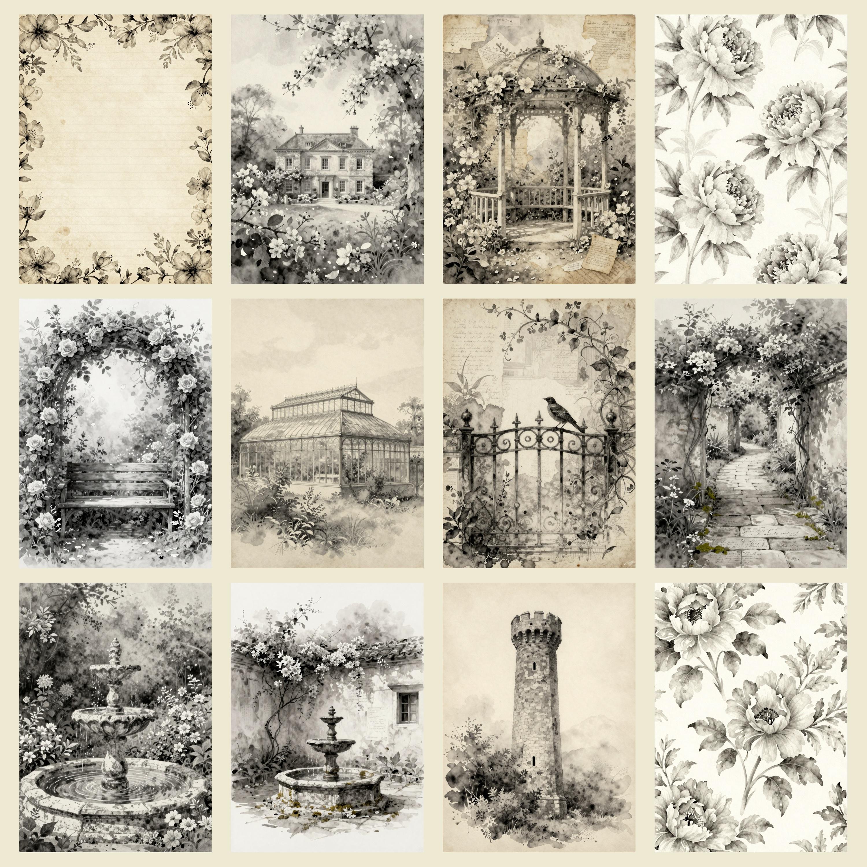 Black and White Junk Journal Pages, Vintage Botanical Printable Paper ...