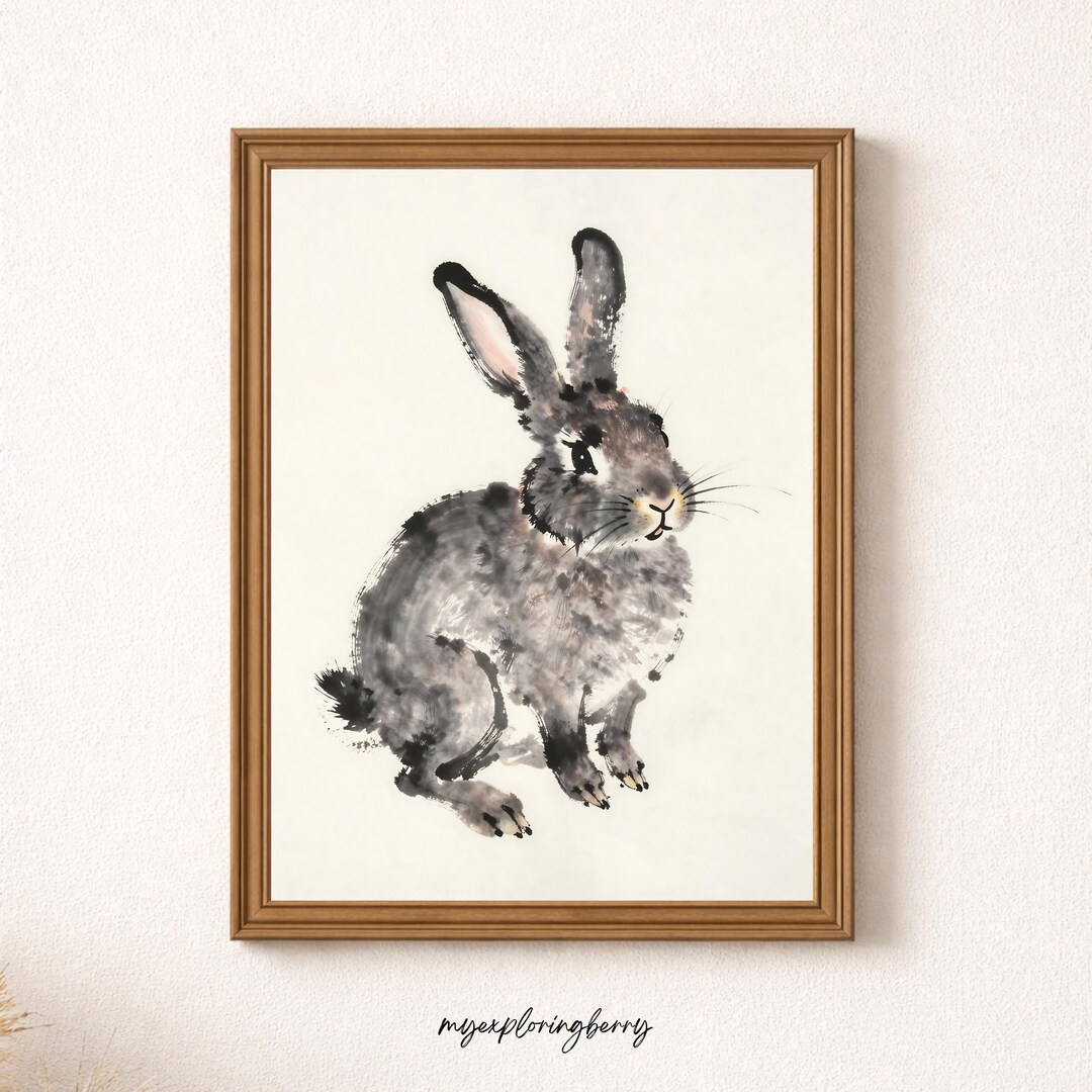 Bunny Ink Painting Wall Art, Oriental Sumi-e Rabbit Print, Zen ...