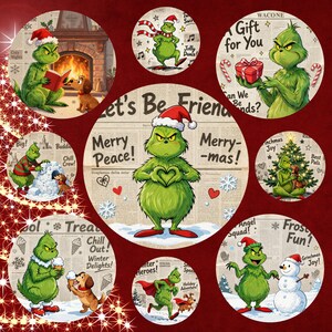 May include: A collection of circular Christmas-themed Grinch designs. Each design features the Grinch in various festive scenes, wearing a Santa hat, with text like "Merry Peace!" and "Gift for You." The designs are set against a newspaper background.