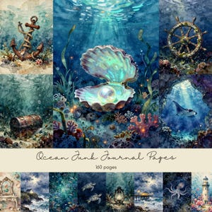 Puede incluir: Una colección de ilustraciones en acuarela con temática oceánica. Las imágenes incluyen un ancla, una perla en una concha abierta, un timón, un cofre del tesoro y otras escenas submarinas. También se incluye el texto "Ocean Junk Journal Pages" y "160 pages".