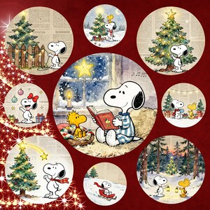 May include: A collection of circular Christmas-themed illustrations featuring Snoopy and Woodstock. Snoopy is depicted in various scenes, including decorating a tree, reading a book, and sledding. The illustrations are set against a red background.