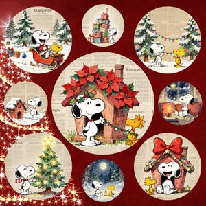 May include: A collection of circular Christmas-themed illustrations featuring Snoopy and Woodstock. Scenes include Snoopy in a sleigh, decorating a tree, and in his doghouse, all set against a red background with a newspaper-like texture.