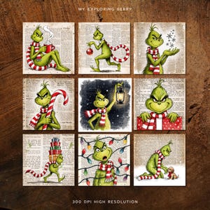 以下が含まれることがあります： さまざまなクリスマスのシーンでグリンチを描いた9つの正方形のプリント。 グリンチは緑色で、赤と白のストライプのスカーフを着ており、マグカップ、オーナメント、キャンディケーン、ランタン、ギフトを持っています。 背景はヴィンテージの新聞プリントです。