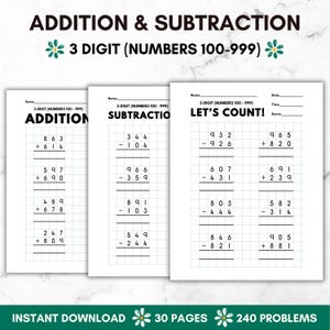 3rd Grade Math Workbook Addition Subtraction Worksheet Printable Grade 3 Math Problem Homeschool Practice Activity Teacher Resource Tutorial