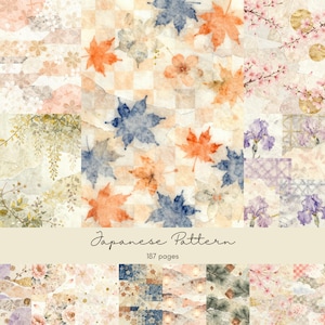 May include: A digital collection of 187 pages featuring Japanese patterns with watercolor illustrations of maple leaves, cherry blossoms, irises, and wisteria in shades of blue, orange, pink, and green, with the text Japanese Pattern 187 pages.