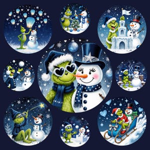 May include: A collection of circular illustrations featuring a green character and snowmen in various winter scenes. The images depict the character and snowmen building a castle, sledding, and releasing lanterns against a dark blue background.