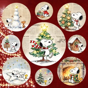 May include: A collection of circular Christmas-themed illustrations featuring Snoopy. Snoopy is depicted in various holiday scenes, including decorating a tree, building a snowman, and enjoying a cozy fireplace. The background includes newspaper print and a red border.