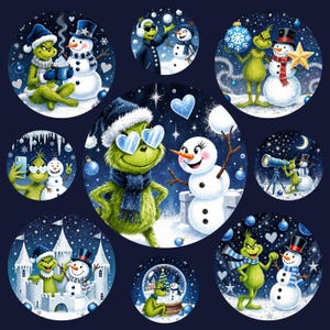 May include: A collection of circular illustrations featuring a green character and snowmen in various winter scenes. The illustrations include the character wearing sunglasses, holding a snowflake, and taking a selfie with a snowman. The background is a dark blue with snowflakes and hearts.