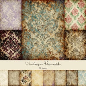Puede incluir: Una colección de papeles con diseños de damasco vintage en varios colores, incluyendo morado, turquesa, rojo y marrón. Los papeles tienen un aspecto envejecido y desgastado con diseños florales. El texto "Vintage Damask" y "176 pages" es visible.