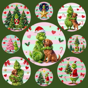 May include: A collection of circular Christmas-themed designs featuring the Grinch character with a dog, Christmas trees, and festive elements. The designs are set against a striped background with hearts, bows, and candy canes.