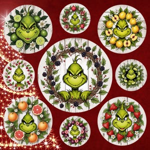 May include: A collection of circular designs featuring a green character with a mischievous grin, surrounded by various fruits and floral arrangements. The designs are set against a white wood grain background and a red backdrop.