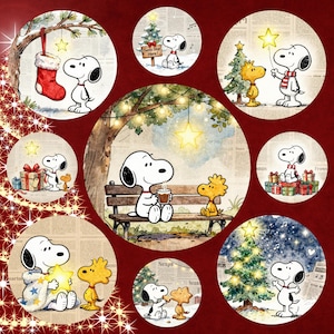 May include: A collection of circular Christmas-themed illustrations featuring Snoopy and Woodstock. Snoopy is depicted in various holiday scenes, including decorating a tree, holding a star, and sitting with gifts. The background includes Christmas trees, snow, and festive decorations.