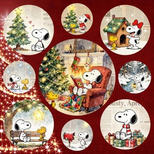 May include: A collection of circular Christmas-themed illustrations featuring Snoopy and Woodstock. Snoopy is depicted in various holiday scenes, including decorating a tree, reading by a fireplace, and delivering gifts. The illustrations are set against a background of newspaper print and a red backdrop.