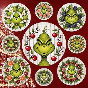May include: A collection of circular designs featuring the Grinch character surrounded by various fruits and floral arrangements. The designs include pears, cherries, oranges, and blackberries, set against a white wood-grain background on a red background.