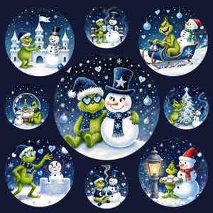 May include: A collection of circular illustrations featuring a green character and snowmen in winter scenes. The illustrations depict the character and snowmen in various activities, such as building snow forts, sledding, and enjoying hot drinks. The background is a dark blue with snowflakes.