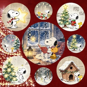 May include: A collection of circular Christmas-themed illustrations featuring Snoopy and Woodstock. Snoopy is depicted in various scenes, including holding a star, decorating a tree, and reading a book. The illustrations are set against a red background with newspaper-style textures.