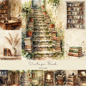 May include: Watercolor illustration featuring stacks of vintage books, a staircase, and bookshelves. The image includes a desk with a quill and inkwell, and a vase with dried flowers. The text "Vintage Book" and "122 pages" are also visible.