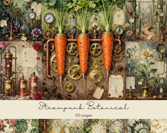 Steampunk Botanical Junk Journal Pages, Printable Scrapbook Paper, Vintage Greenhouse Ephemera, Mechanical Flower Garden, Digital Download