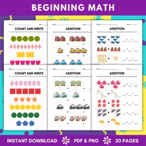 May include: A printable worksheet for kids to practice counting and addition. The worksheet features colorful illustrations of shapes, vehicles, and sea animals. The text on the worksheet says "Count and Write" and "Addition".